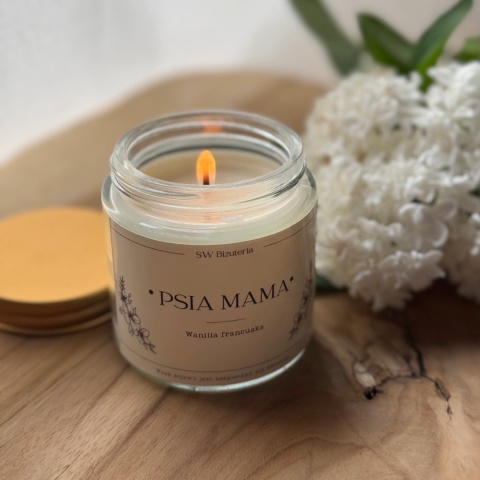 Świeca zapachowa sojowa „Psia Mama” – naturalna wanilia francuska, 120 ml