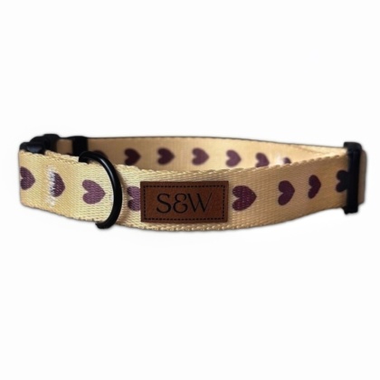 Obroża dla psa w serduszka, kremowa, regulowana z klamrą – Psiamore