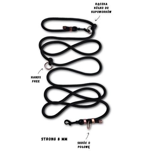 Smycz linowa przepinana dla psa – czarna, Black Moon