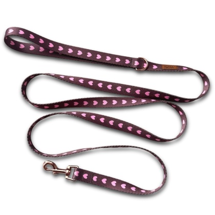 Smycz miejska dla psa w serduszka, personalizowana, brązowa – Psiamore