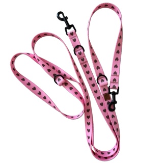 Smycz przepinana dla psa w serduszka, różowa, personalizowana – Psiamore